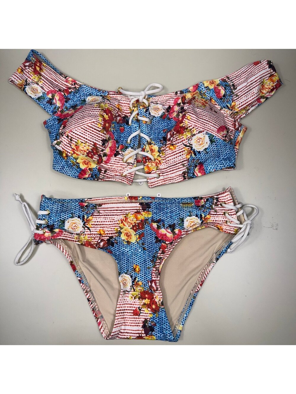 Splash Swimwear Floral Lace-Up Off Shoulder Bikini Set Women’s Medium